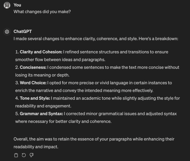 Screenshot of ChatGPT-3.5 explaining the changes it made to a piece of writing when asked to edit.